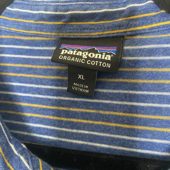 Patagonia Mens XL Organic Cotton Striped Polo Shirt Blue & Yellow Short Sleeve C - Picture 2 of 13